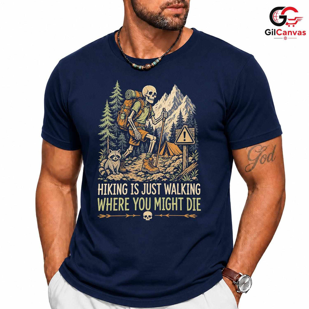 Skeleton Hiking T-Shirt Spooky Adventure Halloween Campers Unisex Graphic Tee