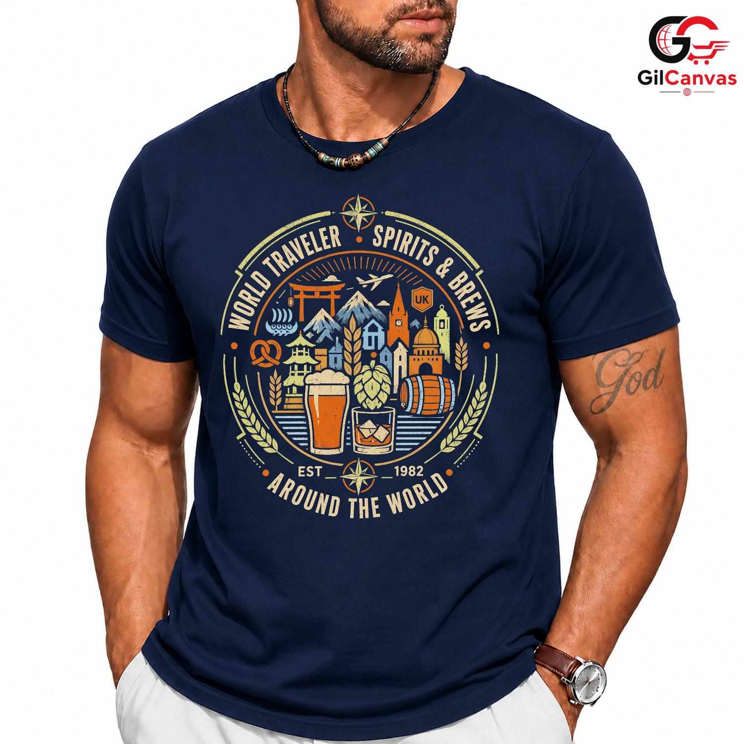 World Traveler Beer T-Shirt Unisex International Adventure Fun Graphic Apparel