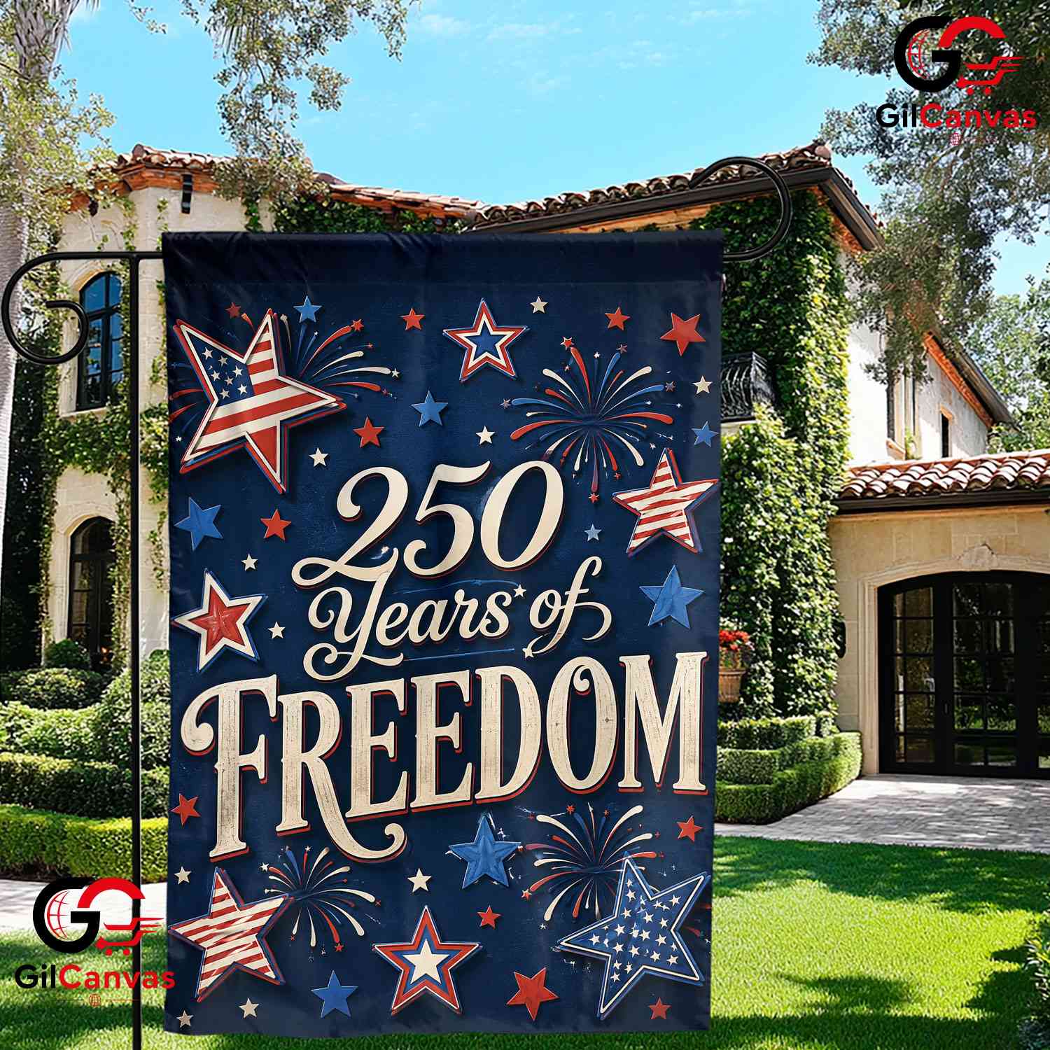 250 Years Of Freedom Garden Flag Blue Patriotic Fireworks Yard Decor 1776-2026