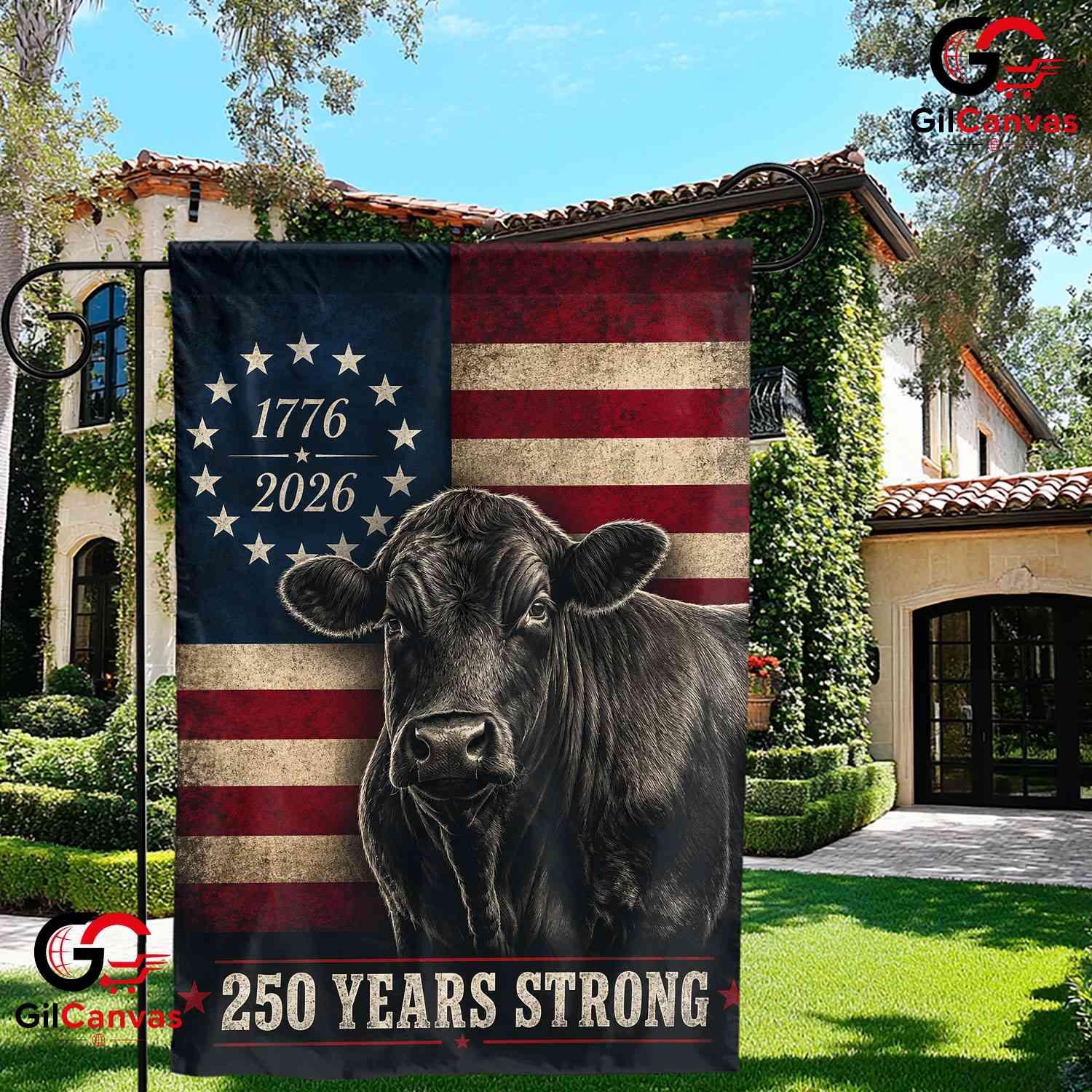 Custom Cow 250 Years Strong Personalized Patriotic Farm Animal Sign Garden Flag