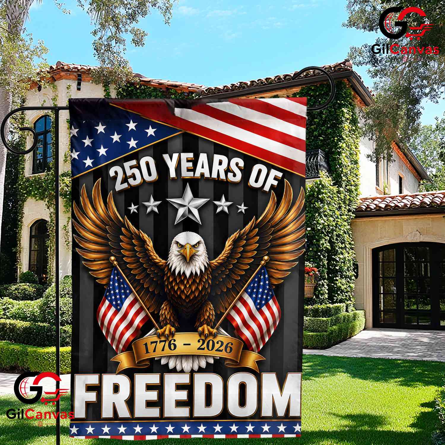 Dark 250 Years Of Freedom House Garden Flag Patriotic Eagle 1776-2026 Decor