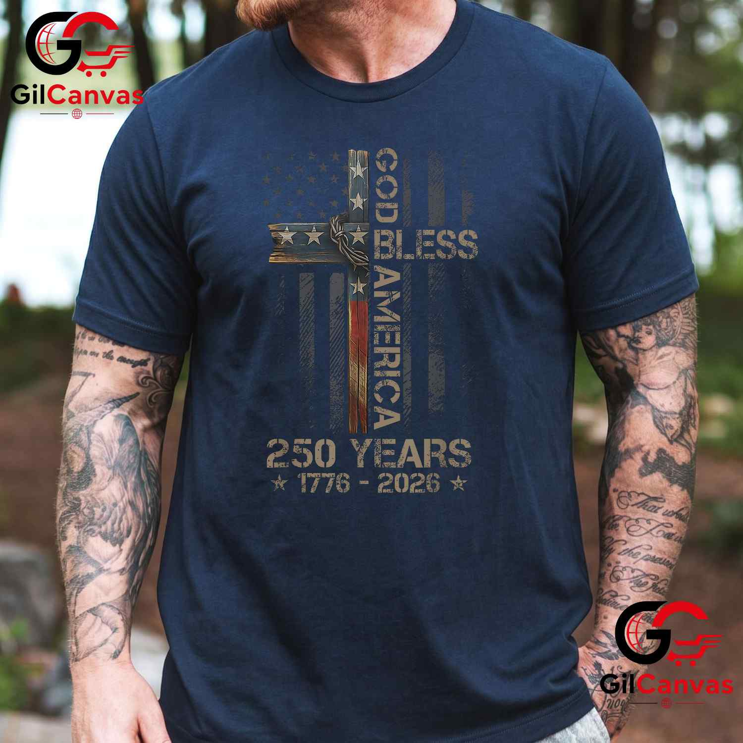 God Bless America Christian Cross Flag 250 Years 1776-2026 Unisex Adult Patriotic T-Shirt