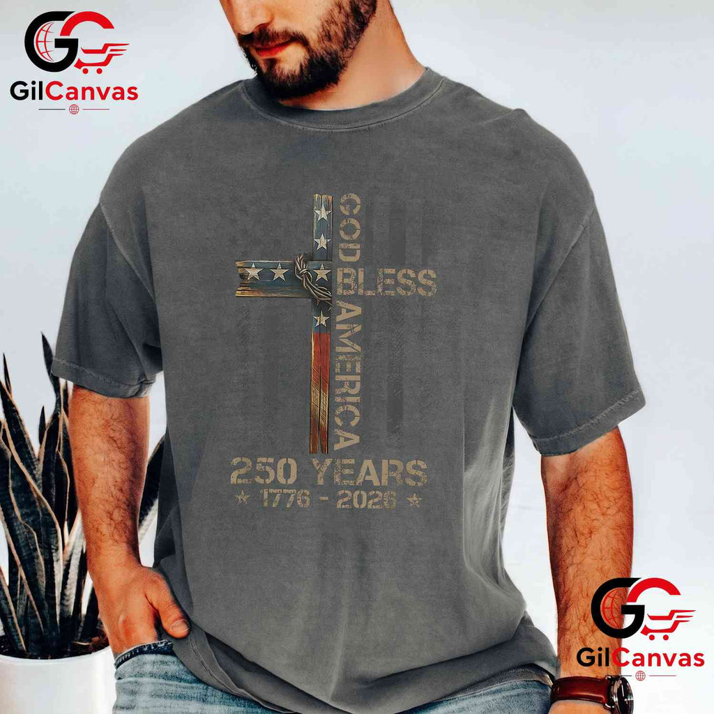 God Bless America Christian Cross Flag 250 Years 1776-2026 Unisex Adult Patriotic T-Shirt
