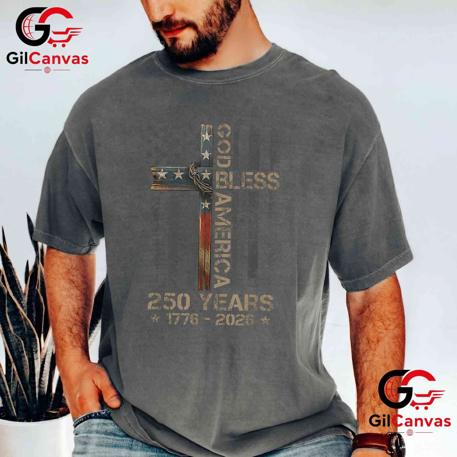 God Bless America Christian Cross Flag 250 Years 1776-2026 Unisex Adult Patriotic T-Shirt