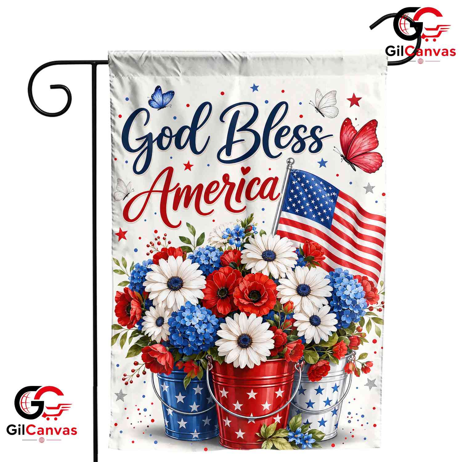 God Bless America Floral Garden Flag Patriotic Red White Blue Flowers Sign
