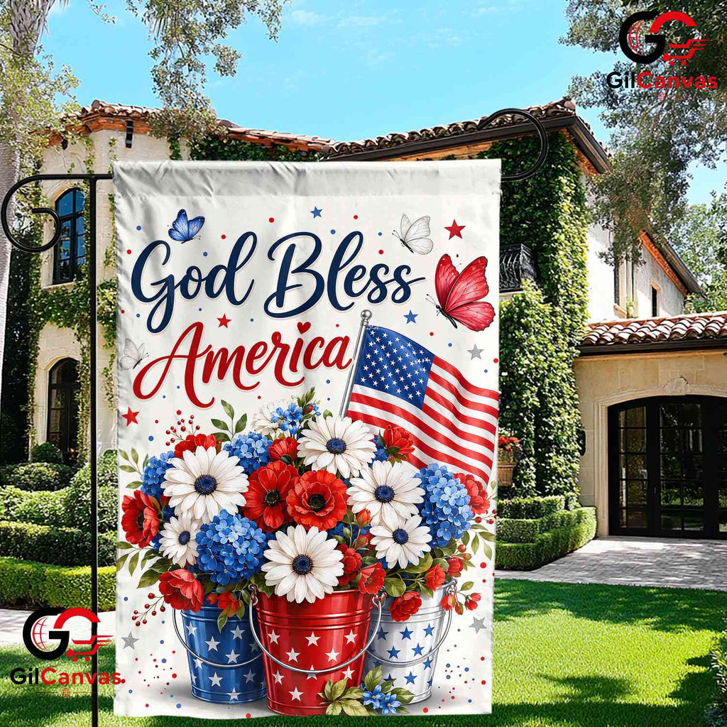 God Bless America Floral Garden Flag Patriotic Red White Blue Flowers Sign