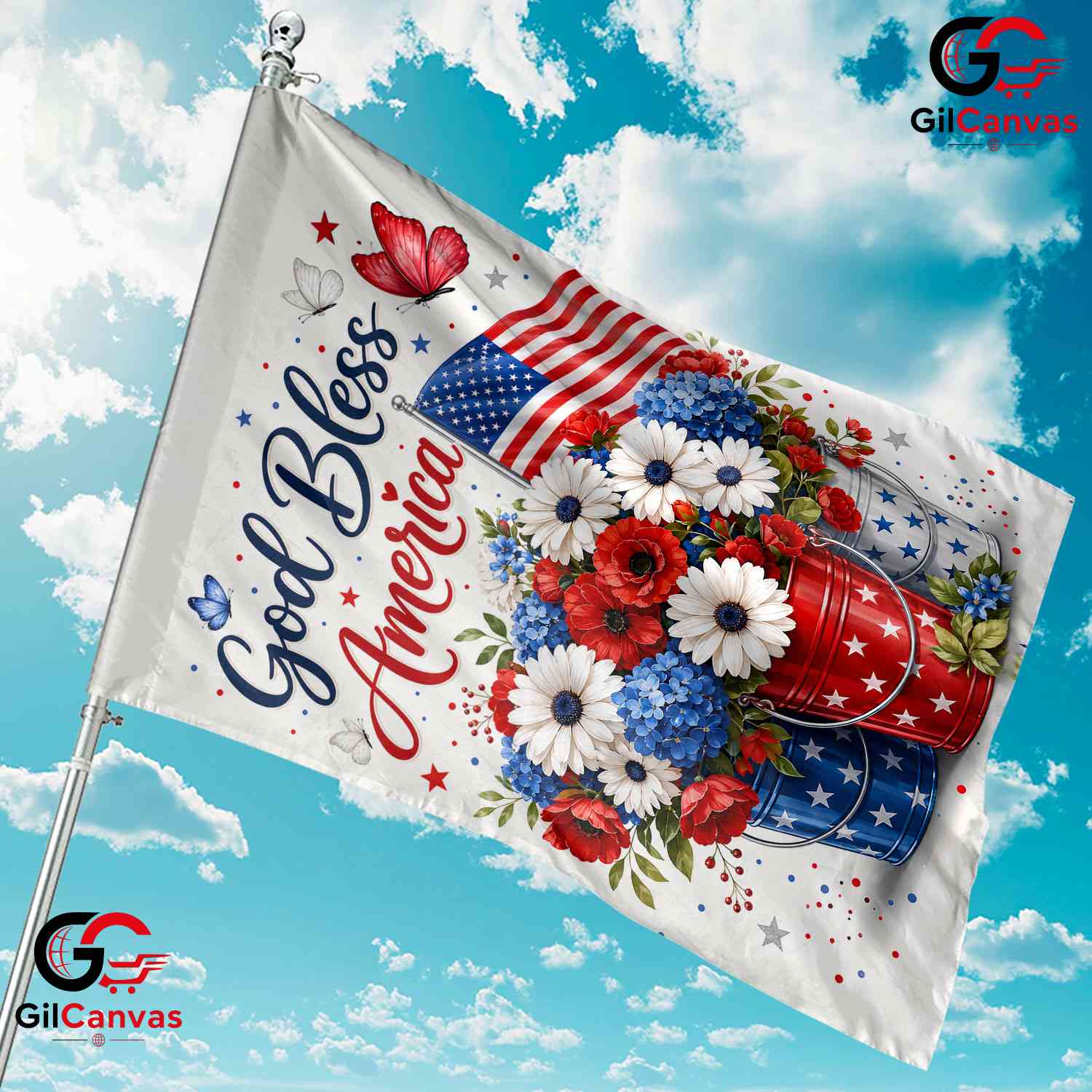 God Bless America Floral Garden Flag Patriotic Red White Blue Flowers Sign