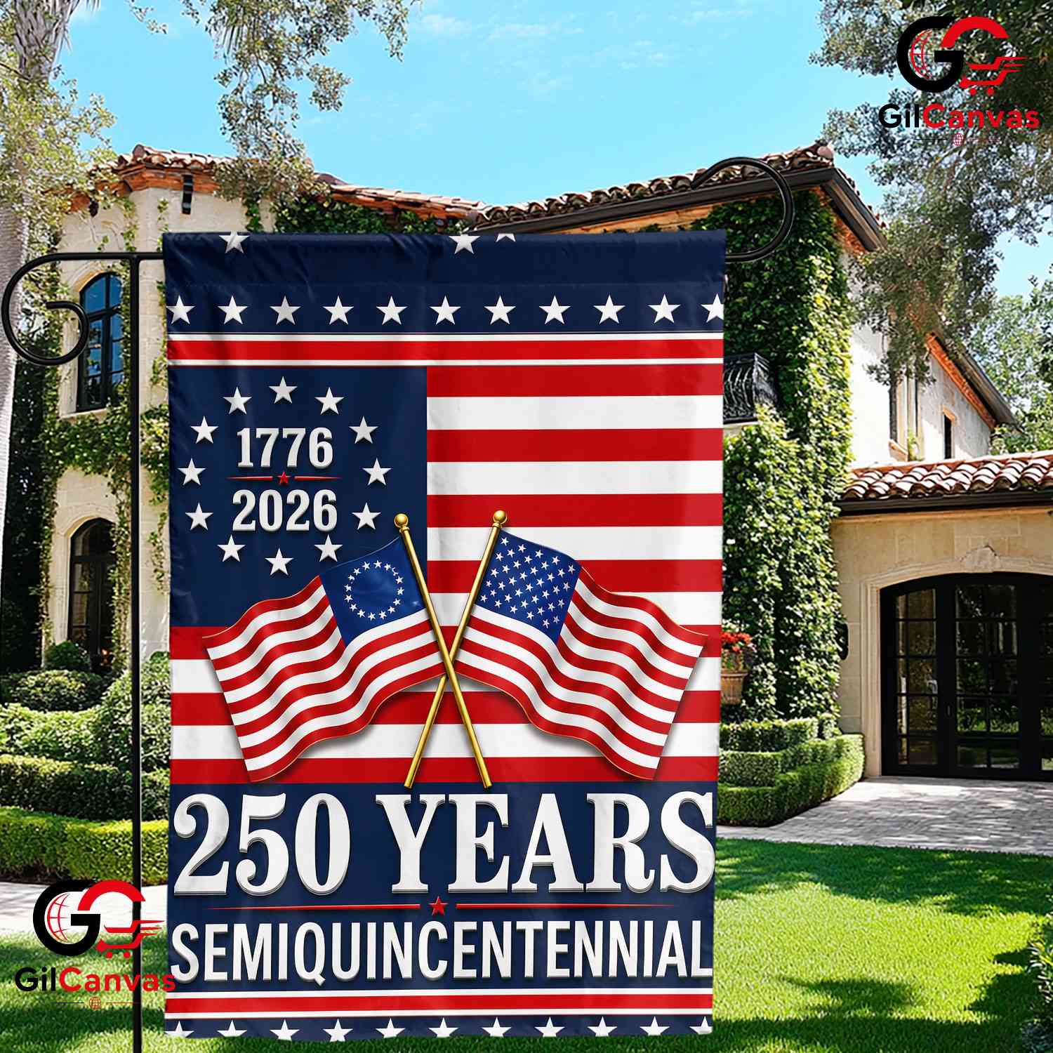 Historic Crossed Flags 250th Garden Flag Semiquincentennial Yard Decor Banner