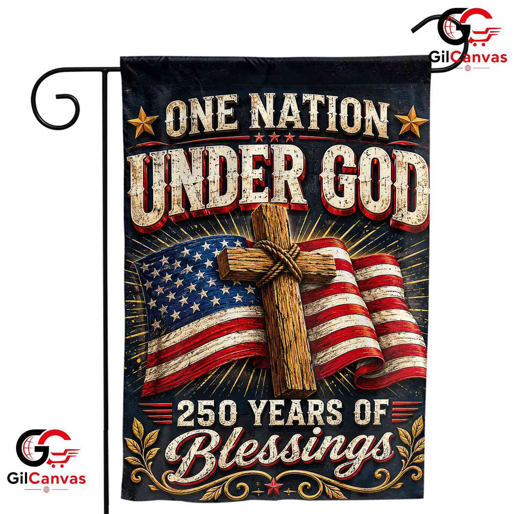 One Nation Under God 250th Garden Flag Christian Cross 1776-2026 Yard Banner