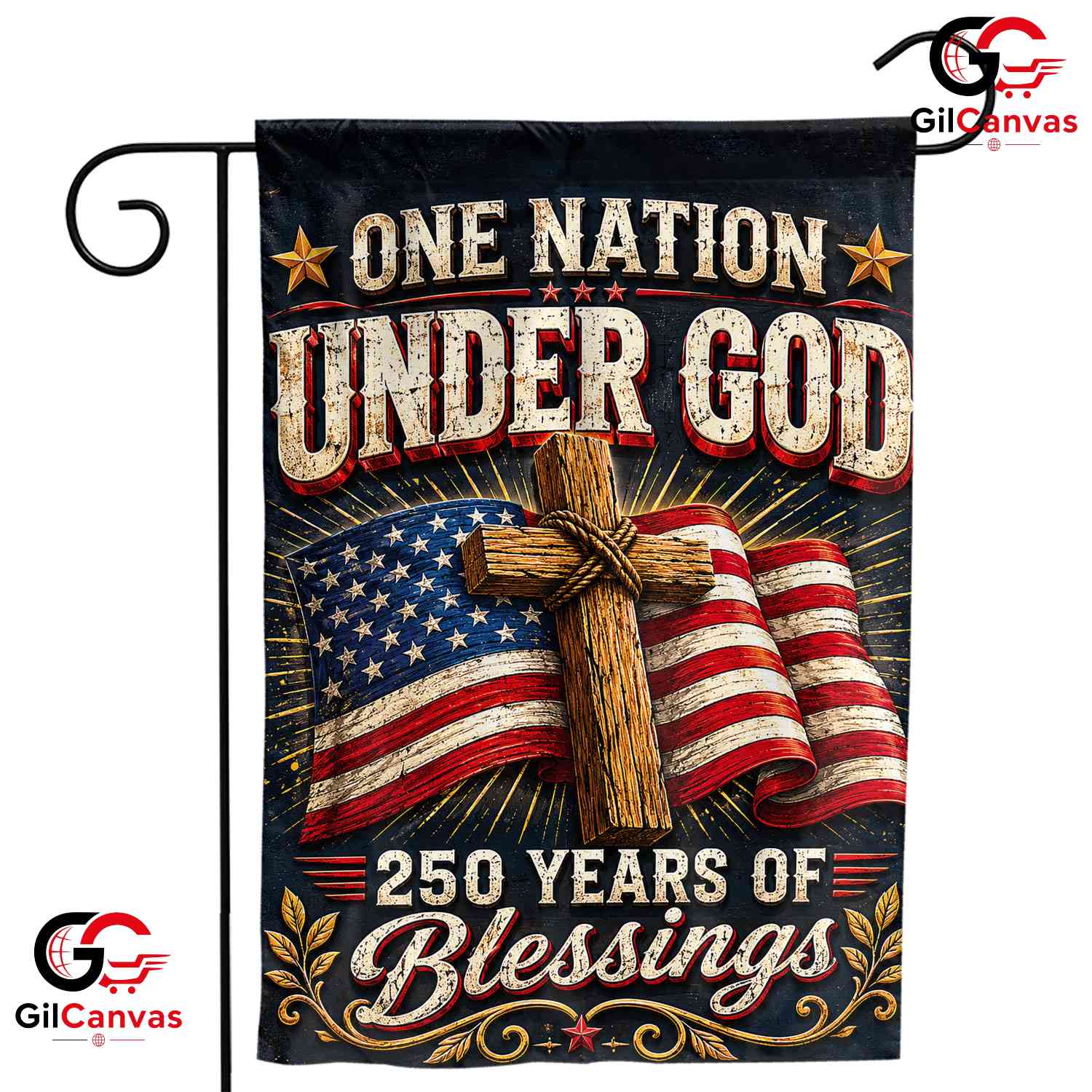 One Nation Under God 250th Garden Flag Christian Cross 1776-2026 Yard Banner
