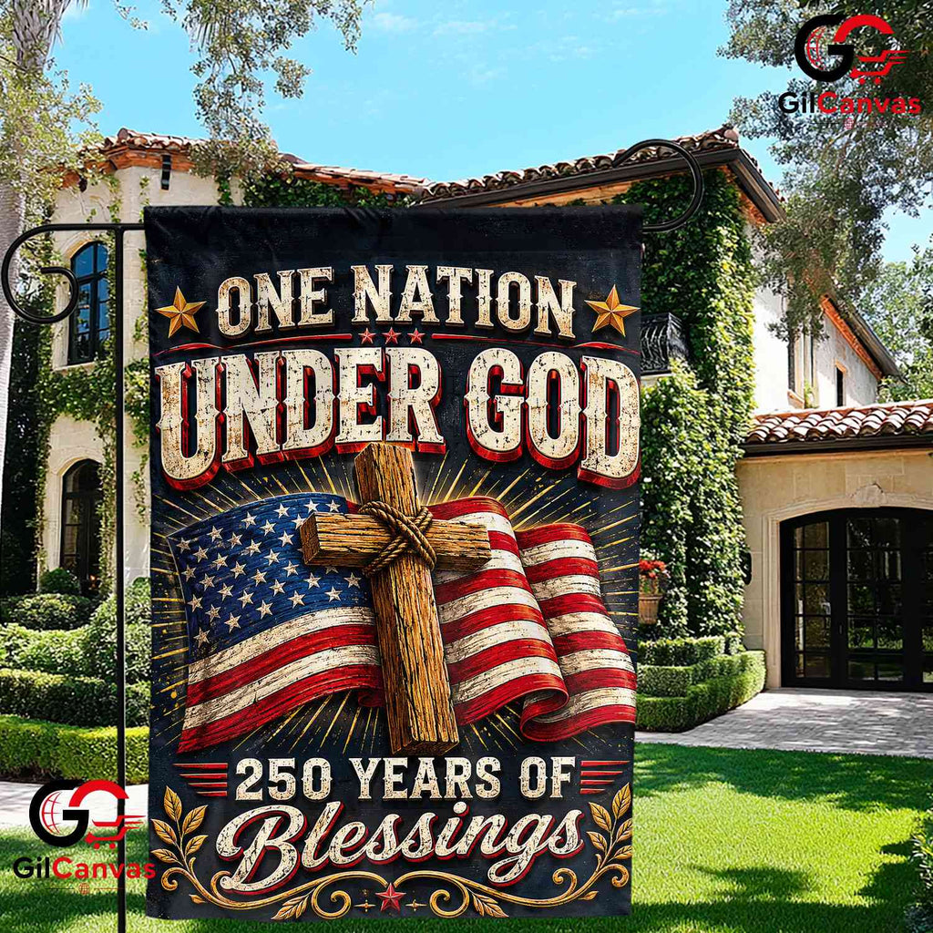 One Nation Under God 250th Garden Flag Christian Cross 1776-2026 Yard Banner