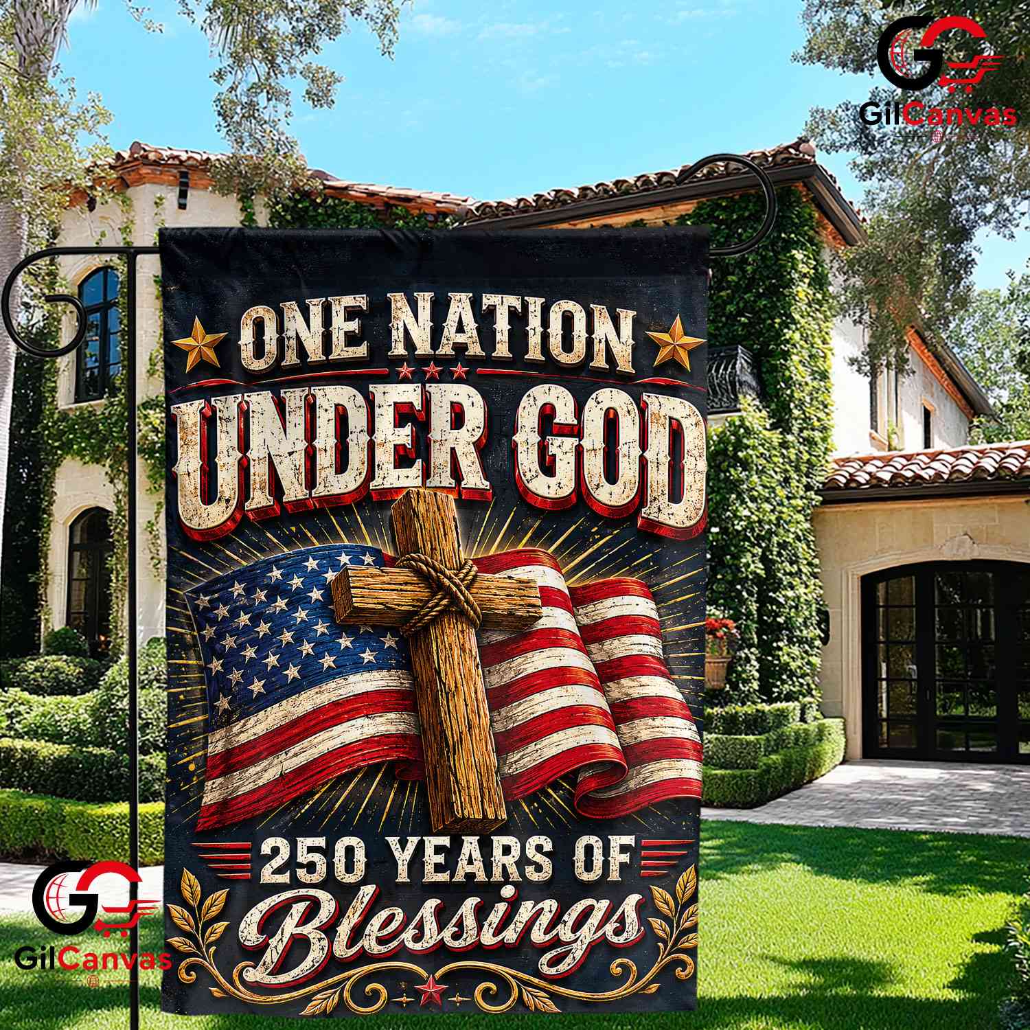 One Nation Under God 250th Garden Flag Christian Cross 1776-2026 Yard Banner