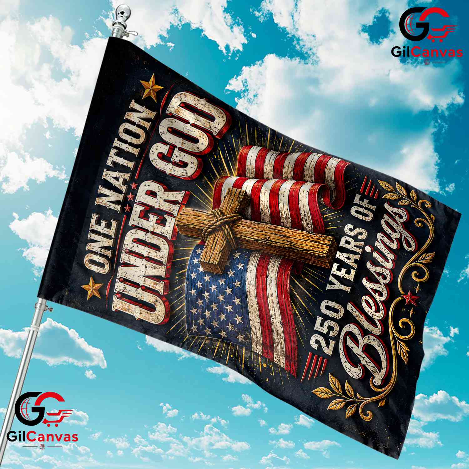 One Nation Under God 250th Garden Flag Christian Cross 1776-2026 Yard Banner