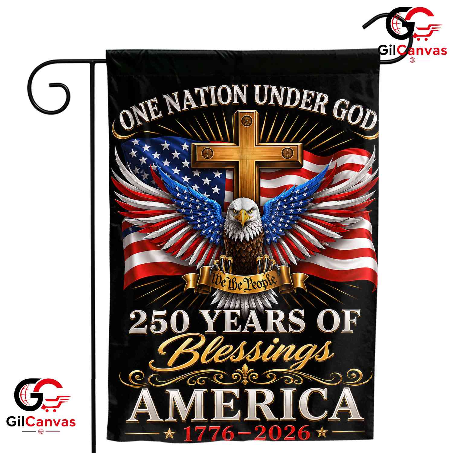 One Nation Under God Patriotic Cross Eagle Banner 250 Years Blessings Garden Flag