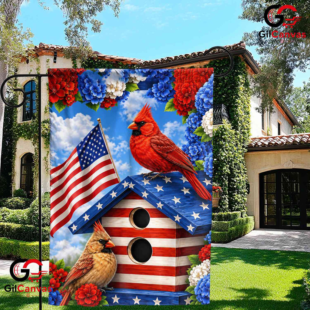 Patriotic Birdhouse 250th Garden Flag Cardinal Birds American Summer Yard Sign