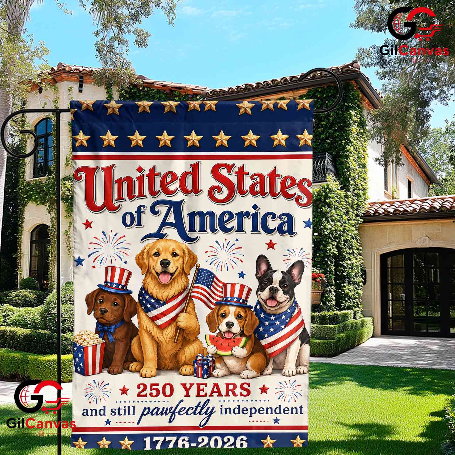 Patriotic Dogs 250th Anniversary Garden Flag Pet Lover Yard Banner 1776-2026