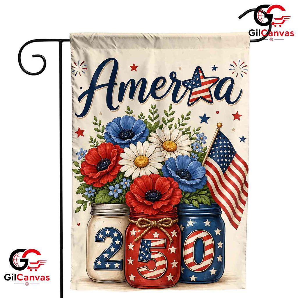 Patriotic Floral Mason Jar 250th Garden Flag Semiquincentennial Yard Banner