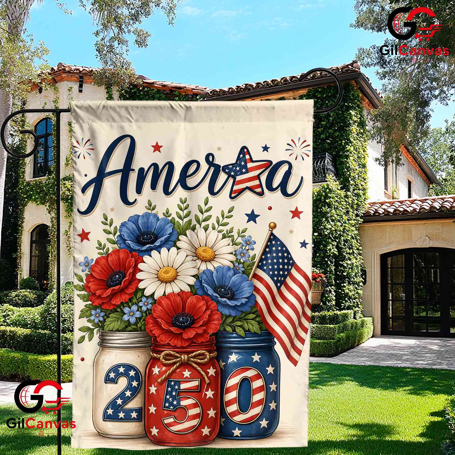 Patriotic Floral Mason Jar 250th Garden Flag Semiquincentennial Yard Banner