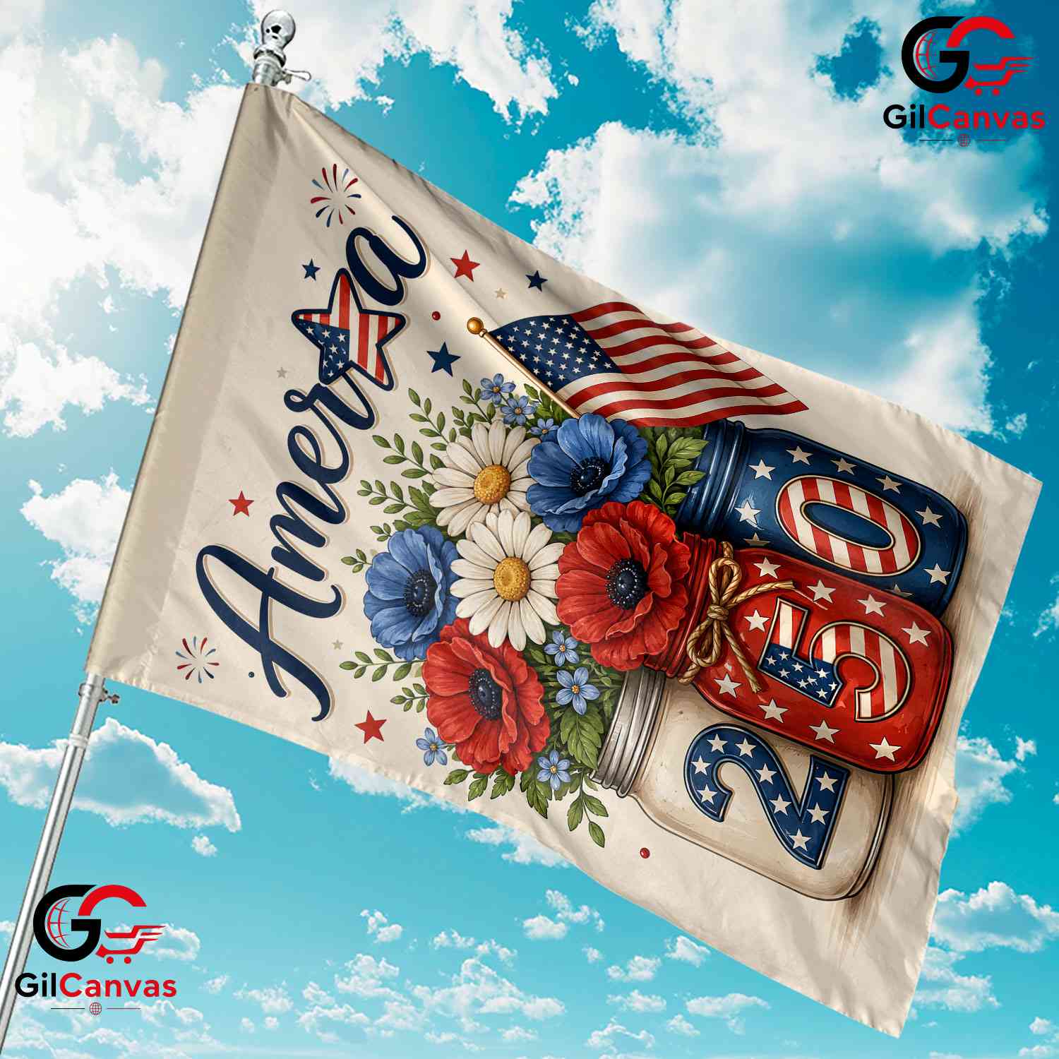 Patriotic Floral Mason Jar 250th Garden Flag Semiquincentennial Yard Banner