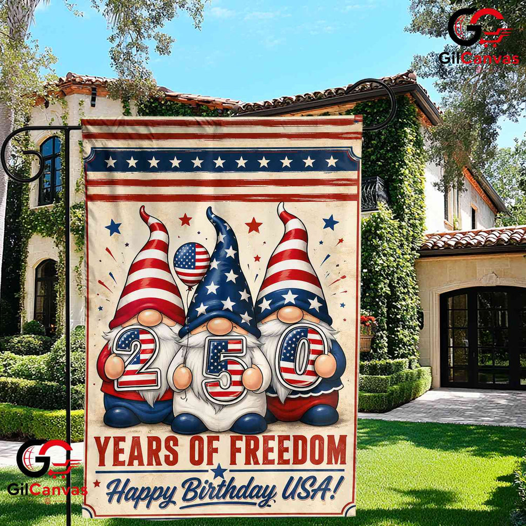 Patriotic Gnomes 250th Garden Flag Happy Birthday USA 1776-2026 Yard Banner