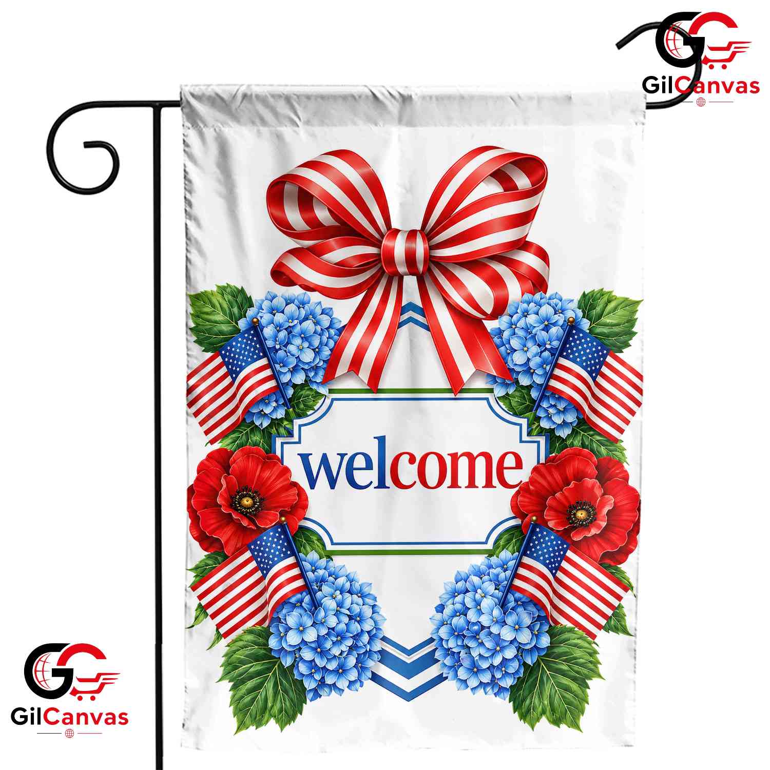 Patriotic Welcome Garden Flag Red White Blue Floral Summer Outdoor Yard Decor