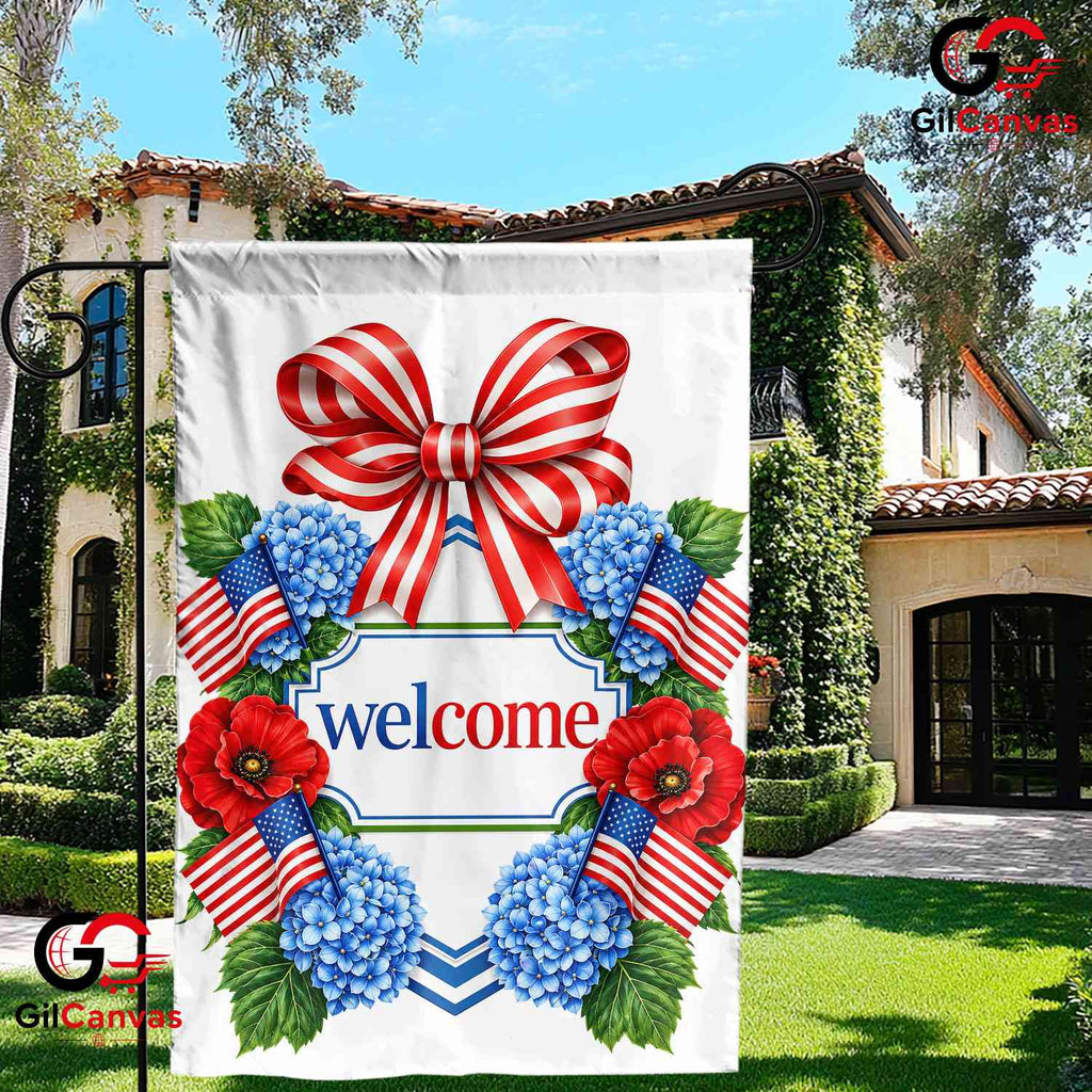 Patriotic Welcome Garden Flag Red White Blue Floral Summer Outdoor Yard Decor
