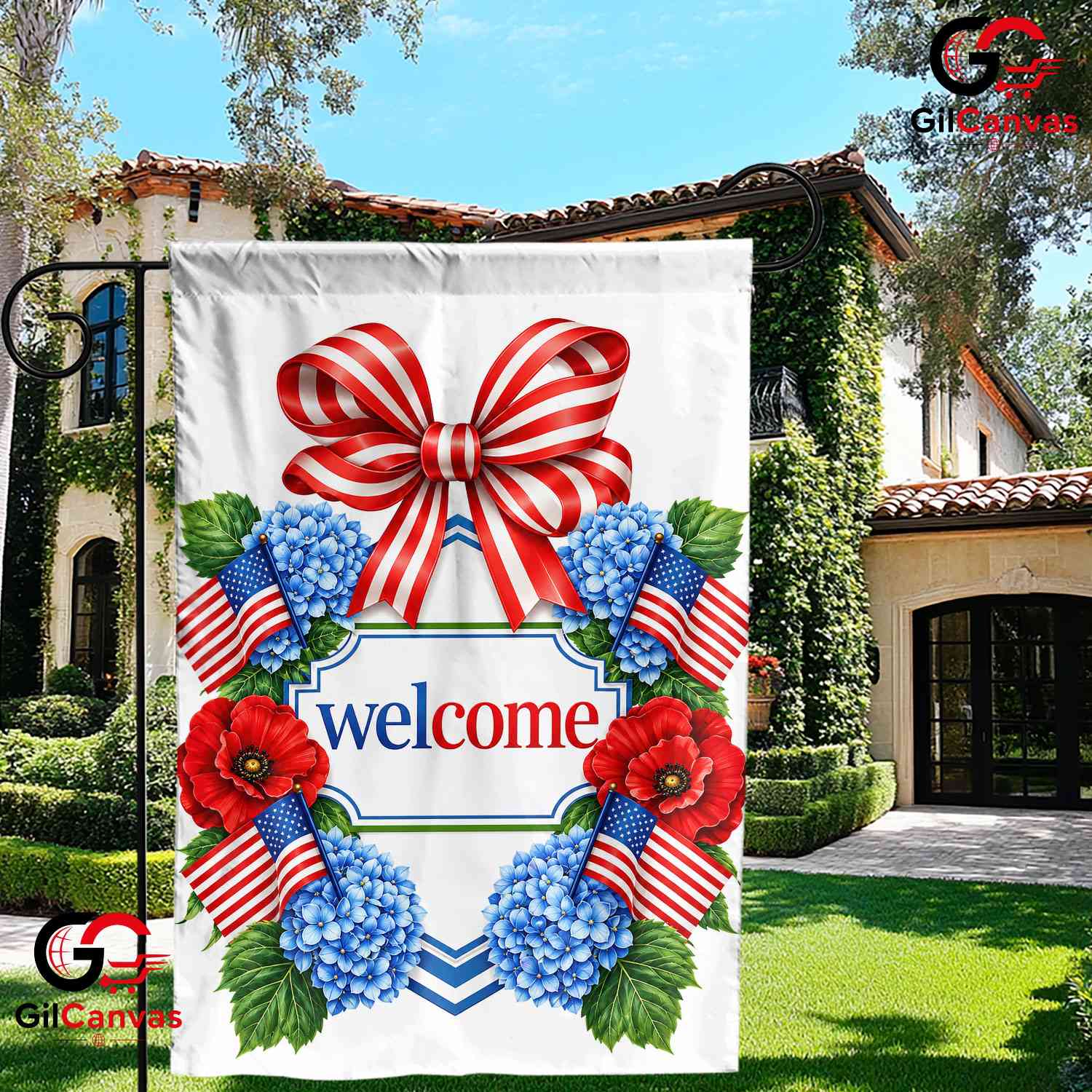 Patriotic Welcome Garden Flag Red White Blue Floral Summer Outdoor Yard Decor