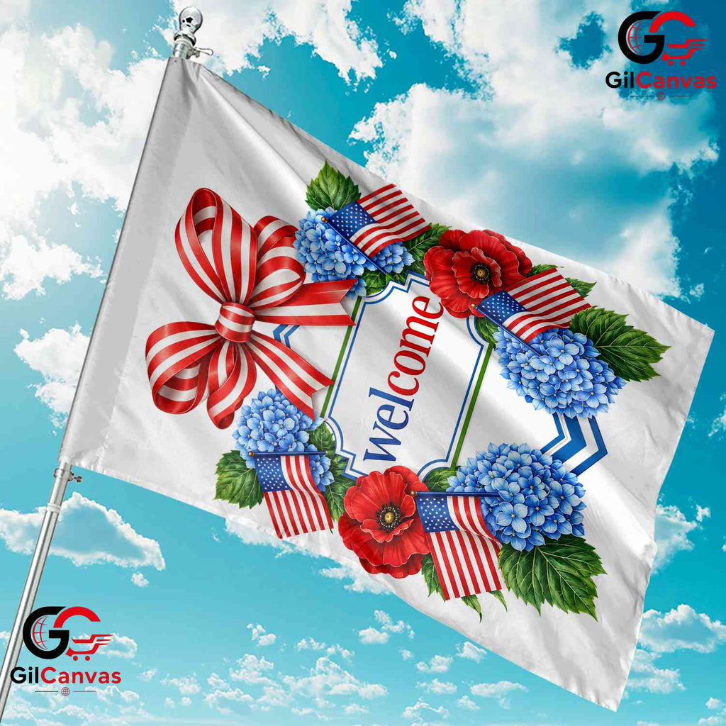 Patriotic Welcome Garden Flag Red White Blue Floral Summer Outdoor Yard Decor