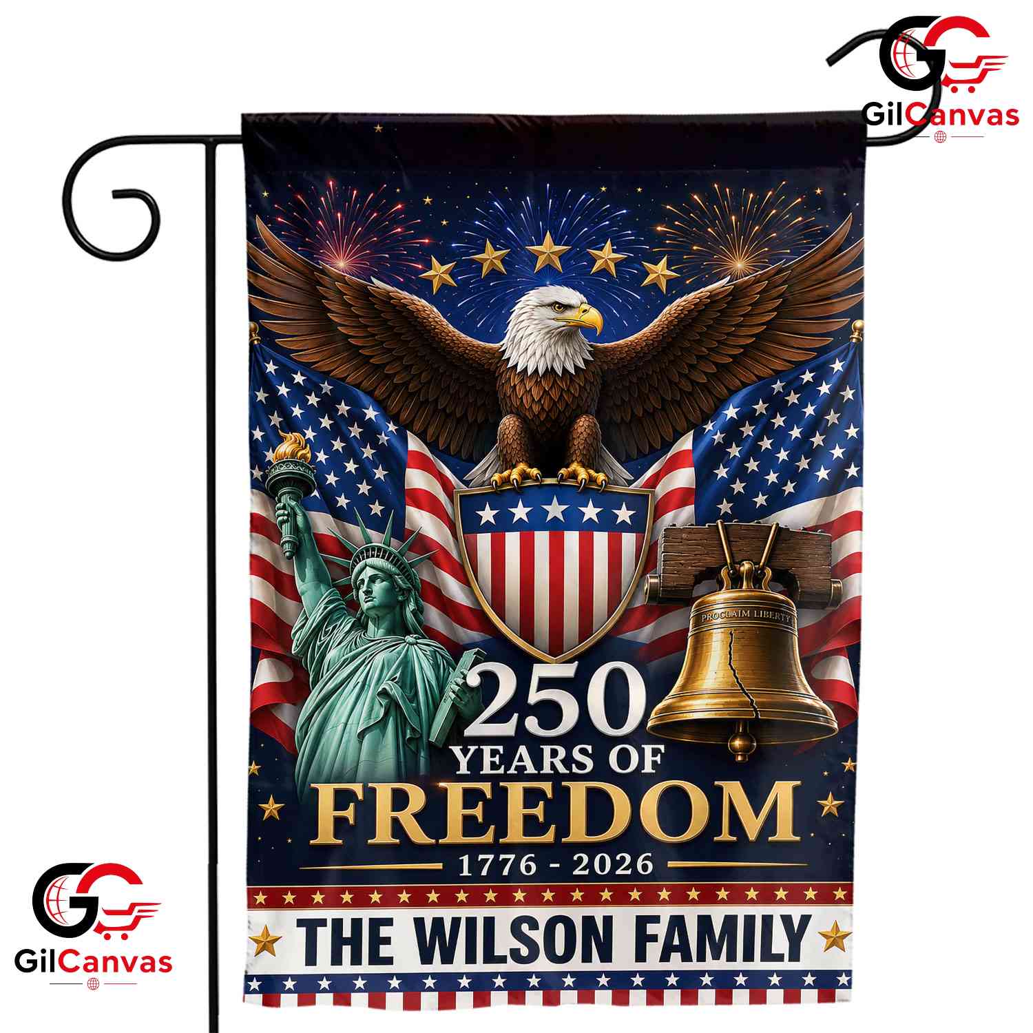 Personalized 250 Years of Freedom Custom Name Patriotic Yard Banner Garden Flag
