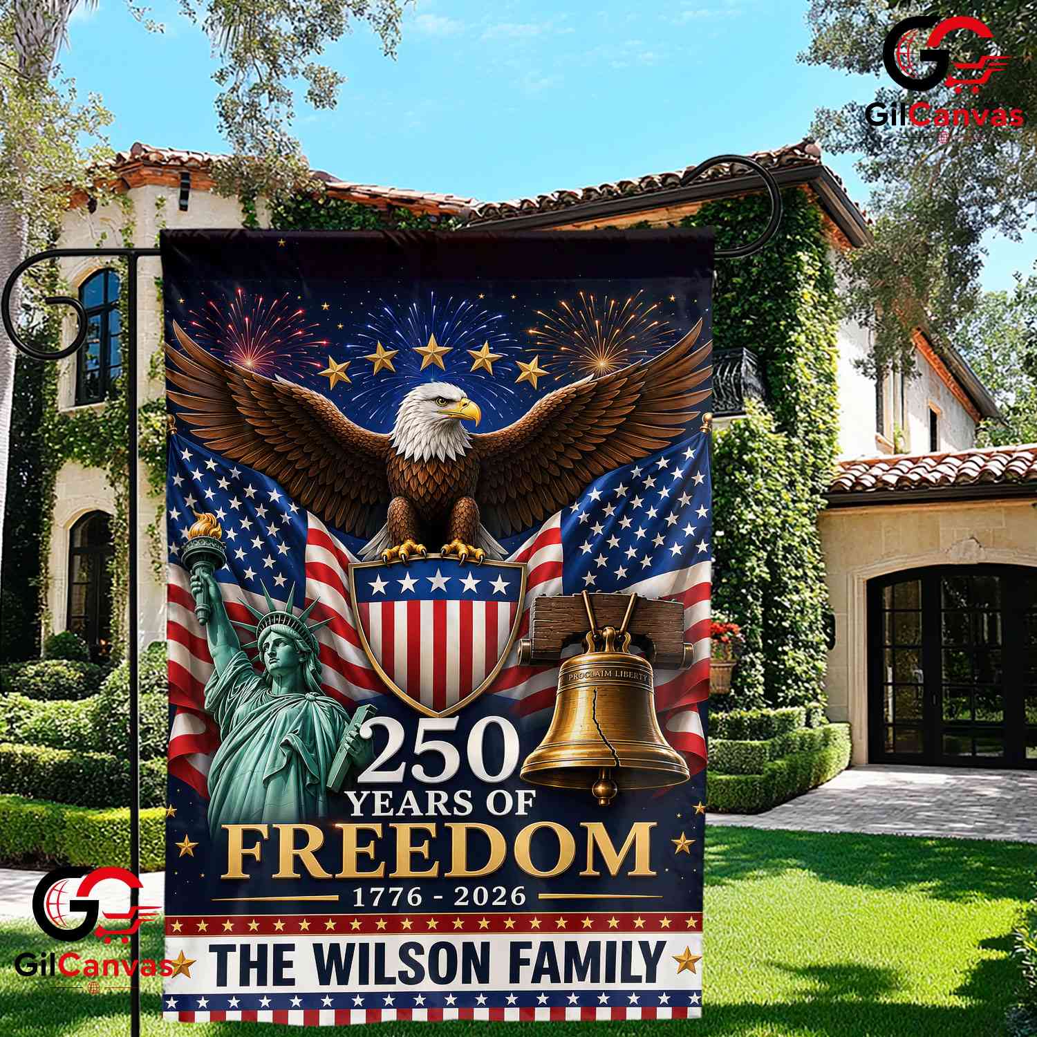 Personalized 250 Years of Freedom Custom Name Patriotic Yard Banner Garden Flag