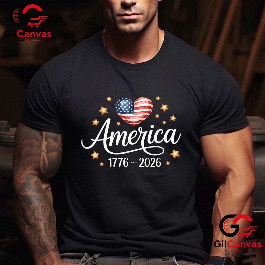 Pretty Flag Heart 1776-2026 July 4th 250th Birthday Unisex Independence Graphic T-Shirt
