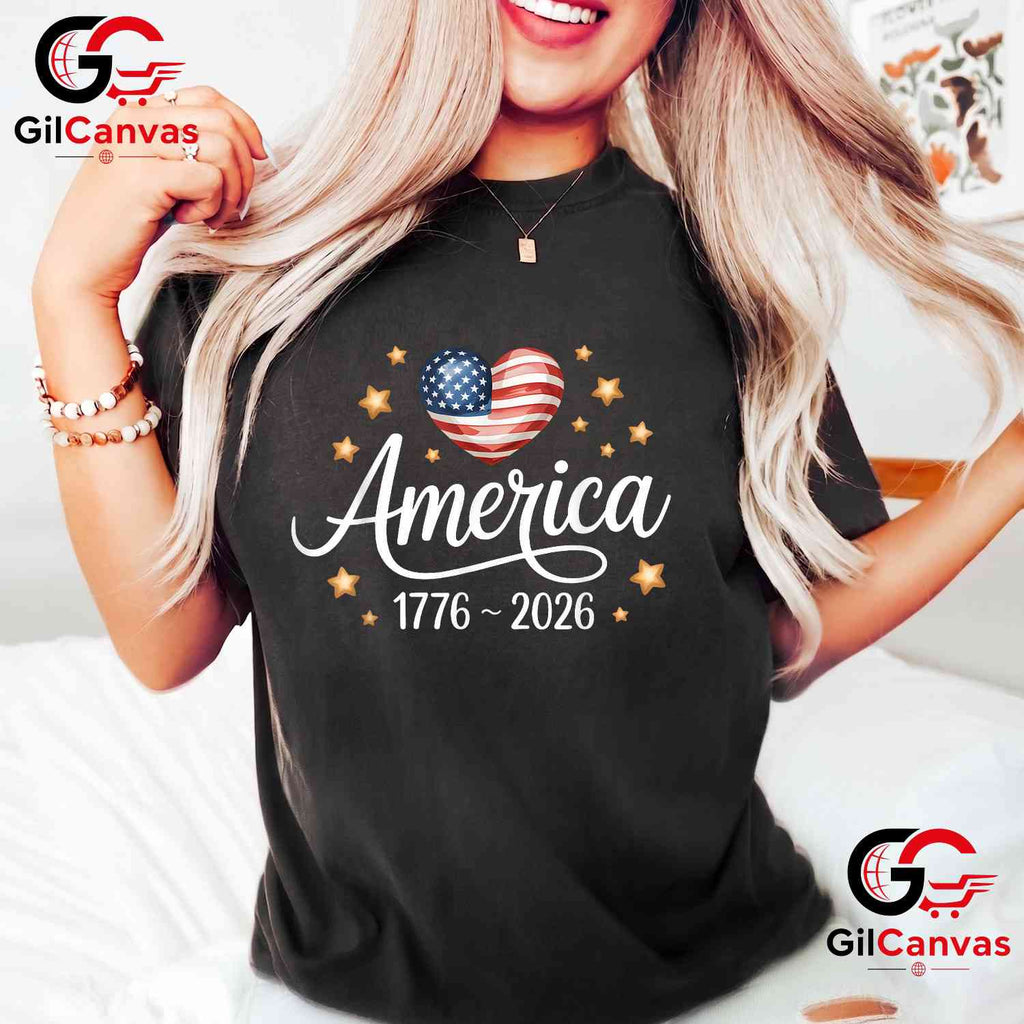 Pretty Flag Heart 1776-2026 July 4th 250th Birthday Unisex Independence Graphic T-Shirt