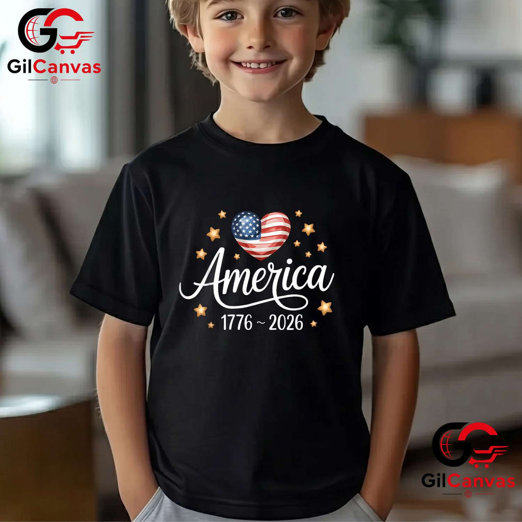 Pretty Flag Heart 1776-2026 July 4th 250th Birthday Unisex Independence Graphic T-Shirt