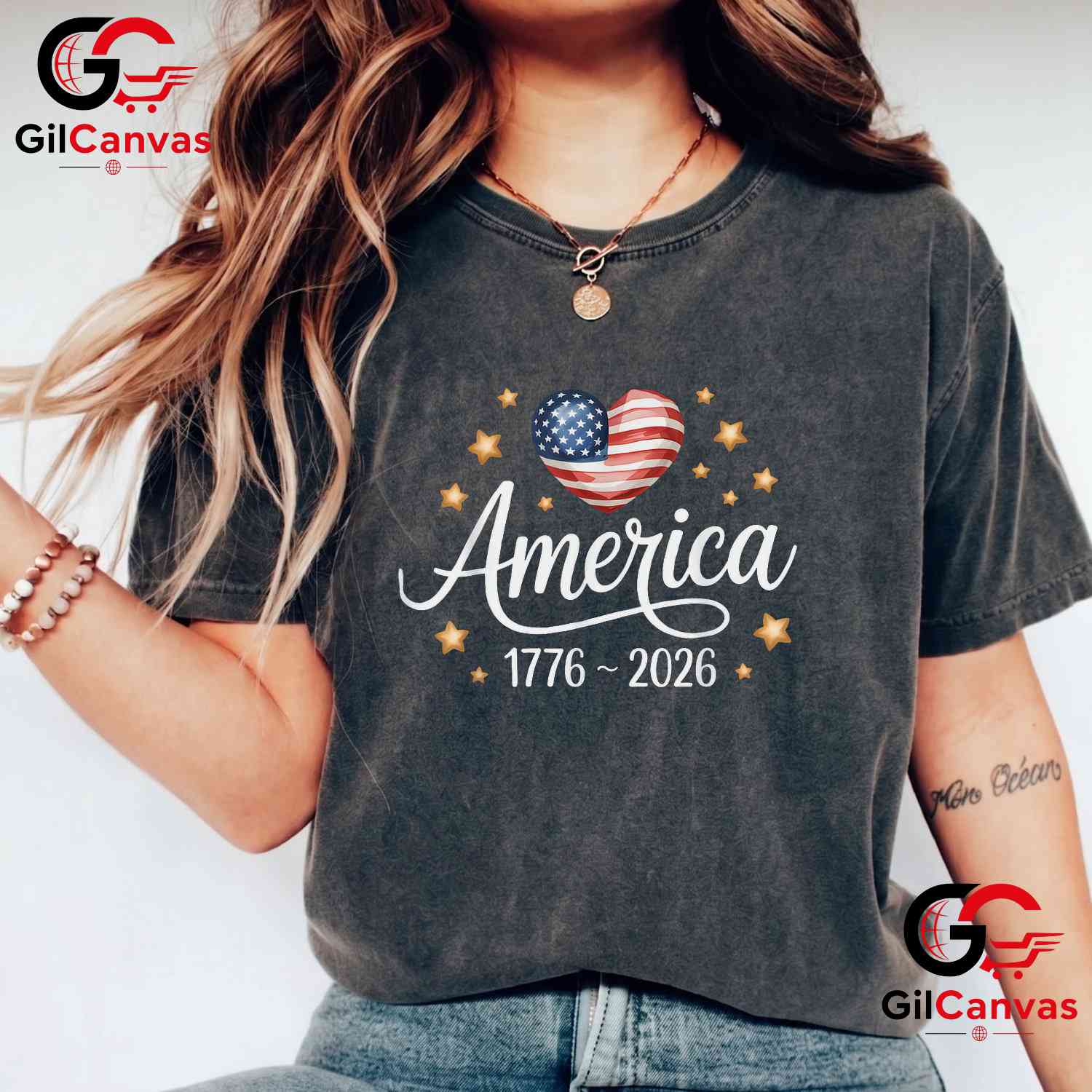 Pretty Flag Heart 1776-2026 July 4th 250th Birthday Unisex Independence Graphic T-Shirt