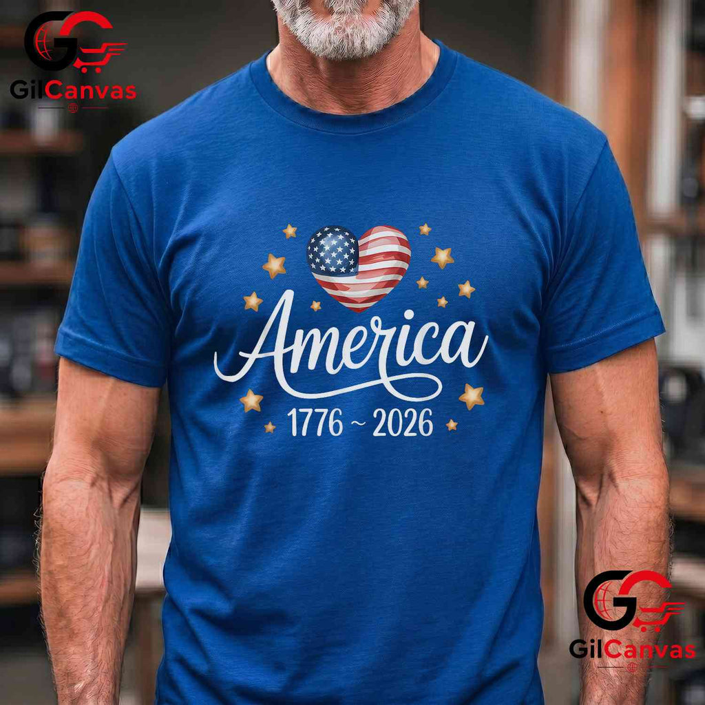 Pretty Flag Heart 1776-2026 July 4th 250th Birthday Unisex Independence Graphic T-Shirt