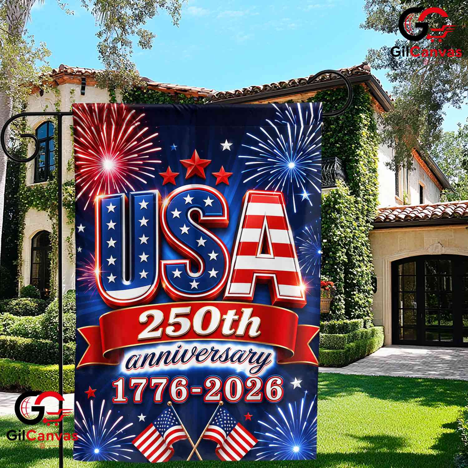 USA 250th Anniversary House Fireworks July 4th Decor 1776-2026 Garden Flag