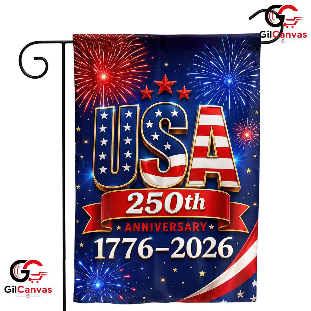 USA 250th Anniversary House Garden Flag Blue Independence Day Fireworks Banner