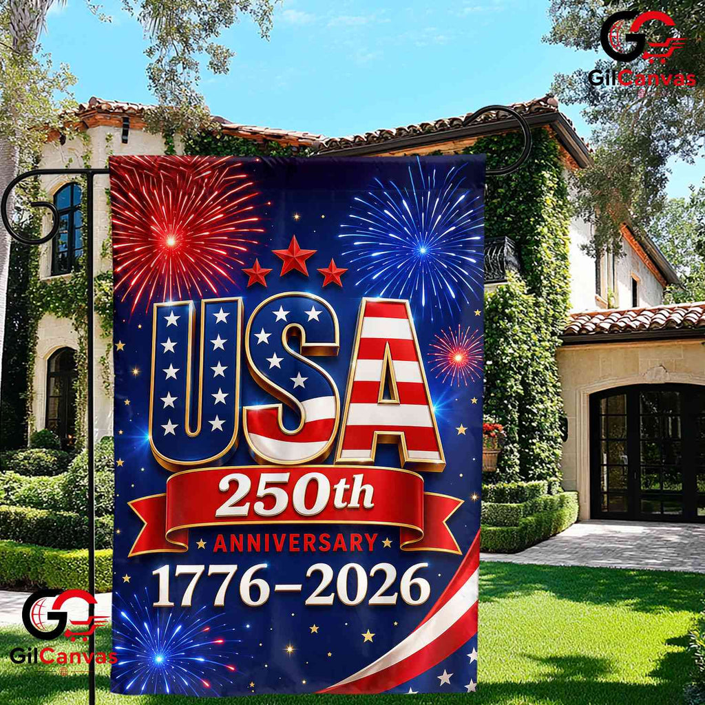 USA 250th Anniversary House Garden Flag Blue Independence Day Fireworks Banner