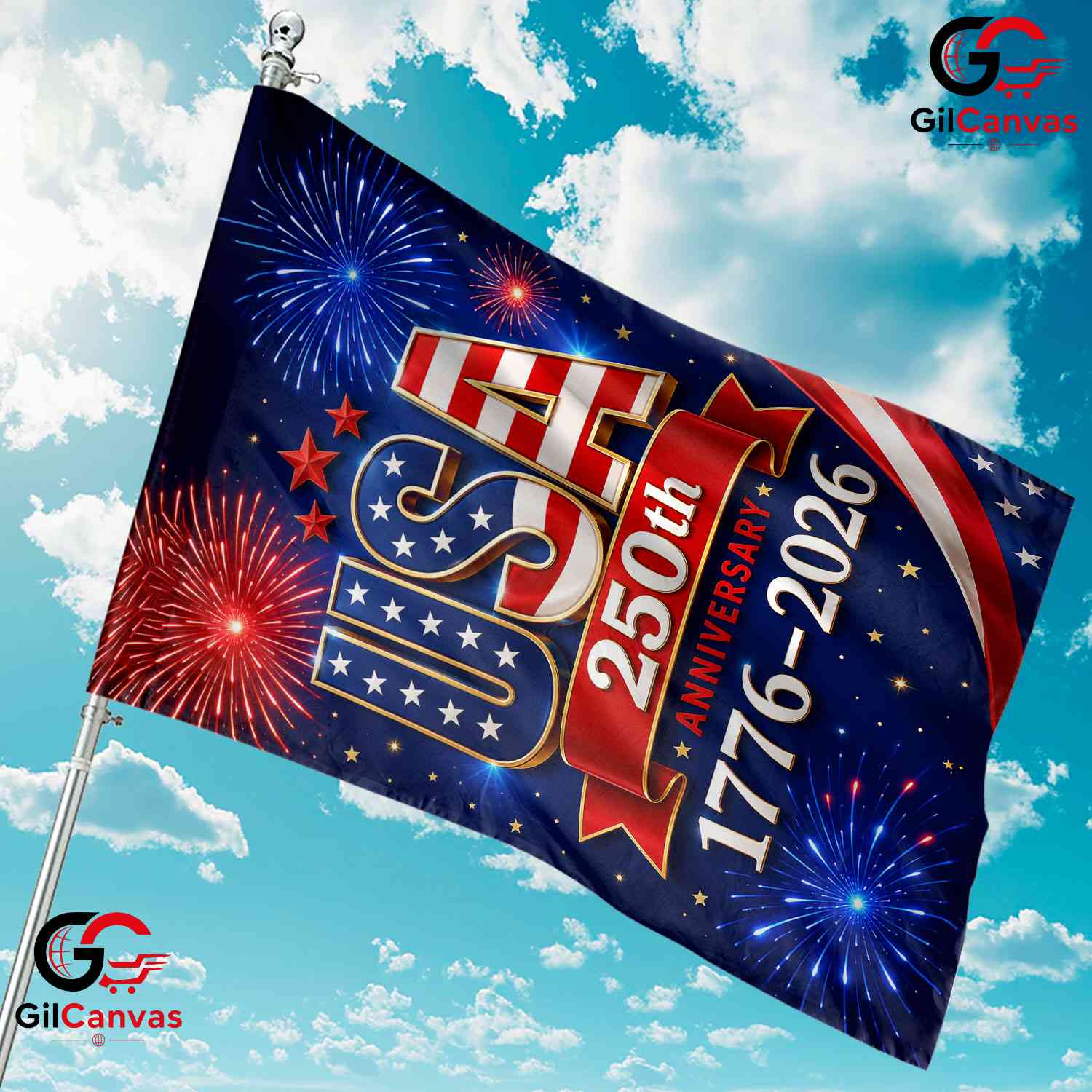 USA 250th Anniversary House Garden Flag Blue Independence Day Fireworks Banner