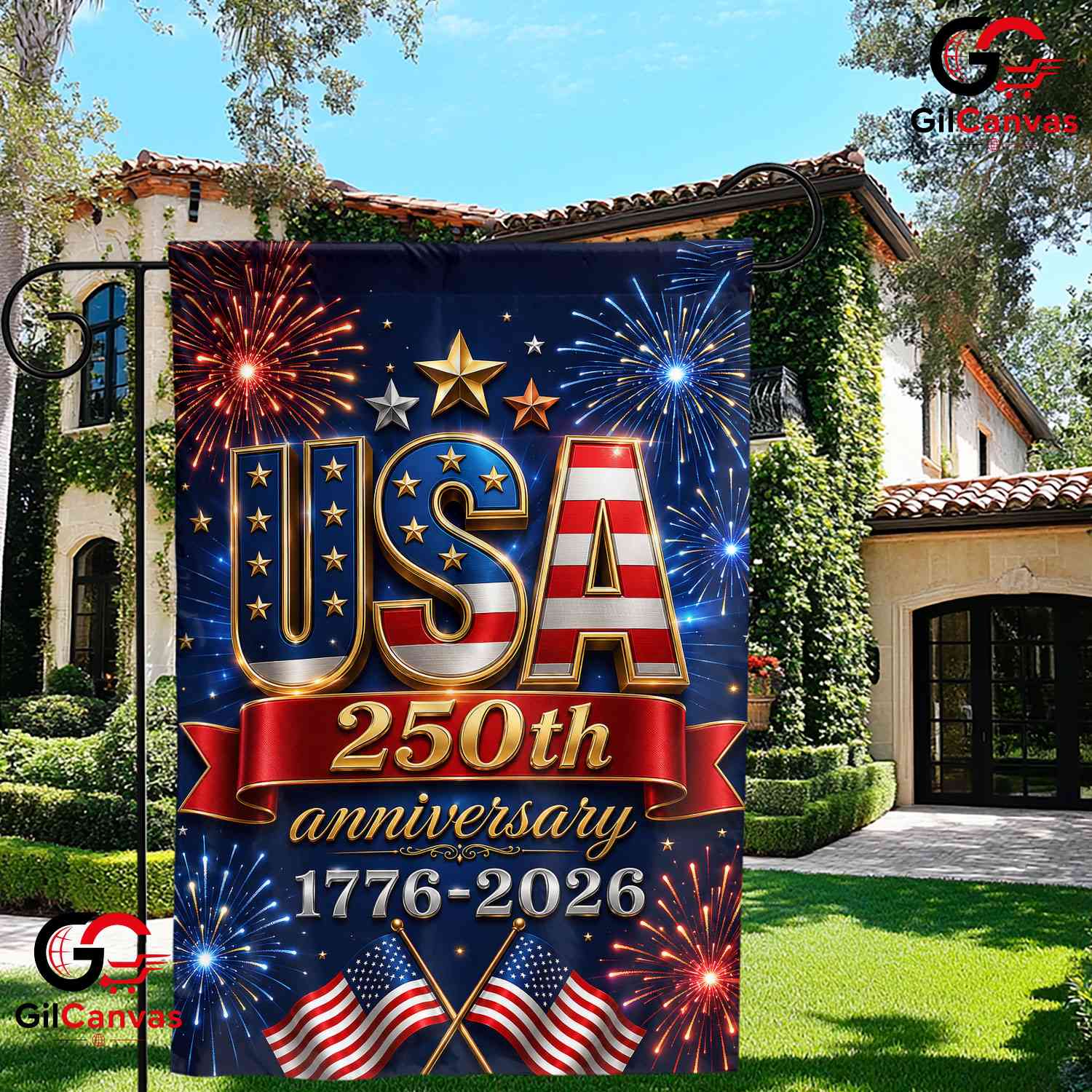 USA 250th Anniversary House Garden Flag July 4th Fireworks Semiquincentennial