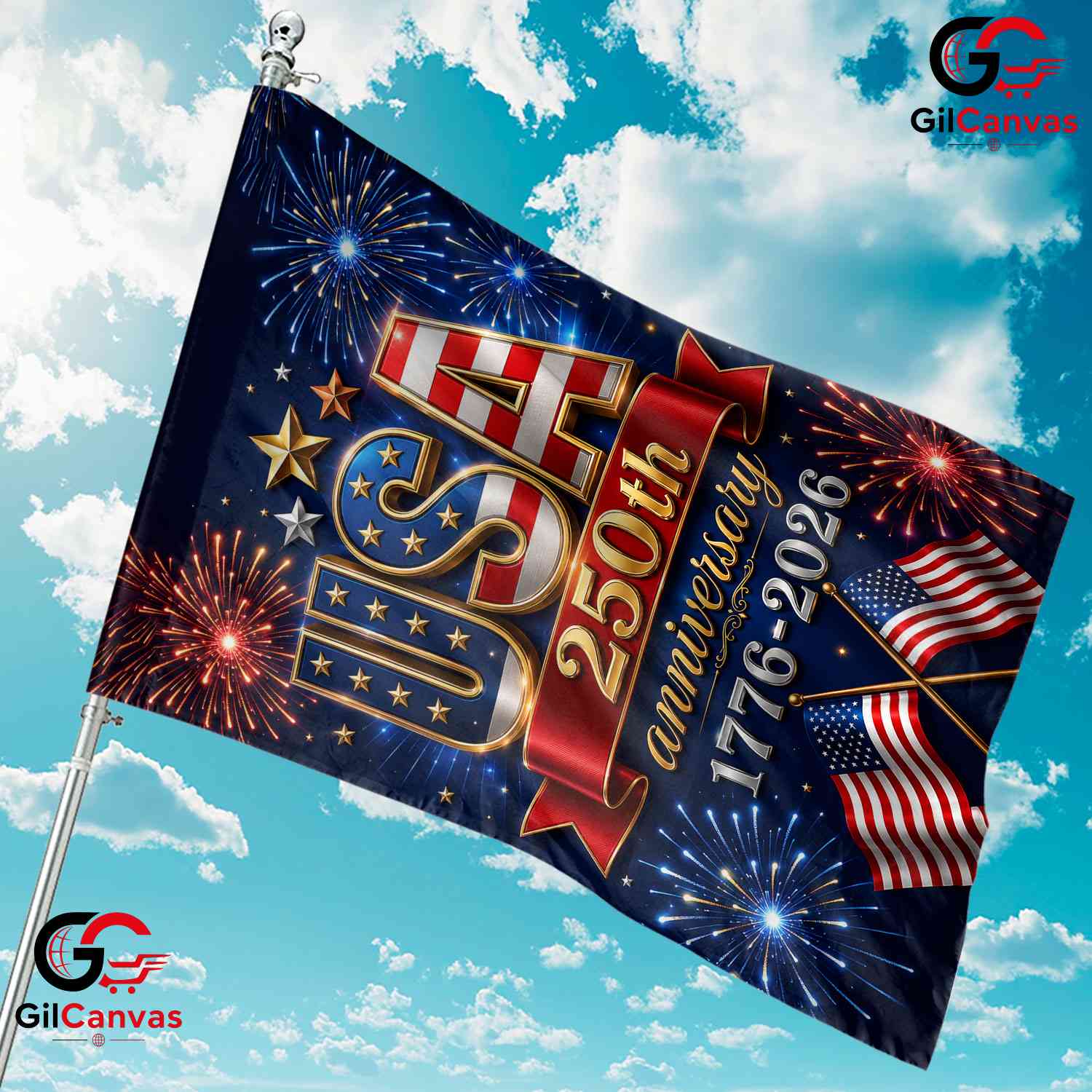 USA 250th Anniversary House Garden Flag July 4th Fireworks Semiquincentennial
