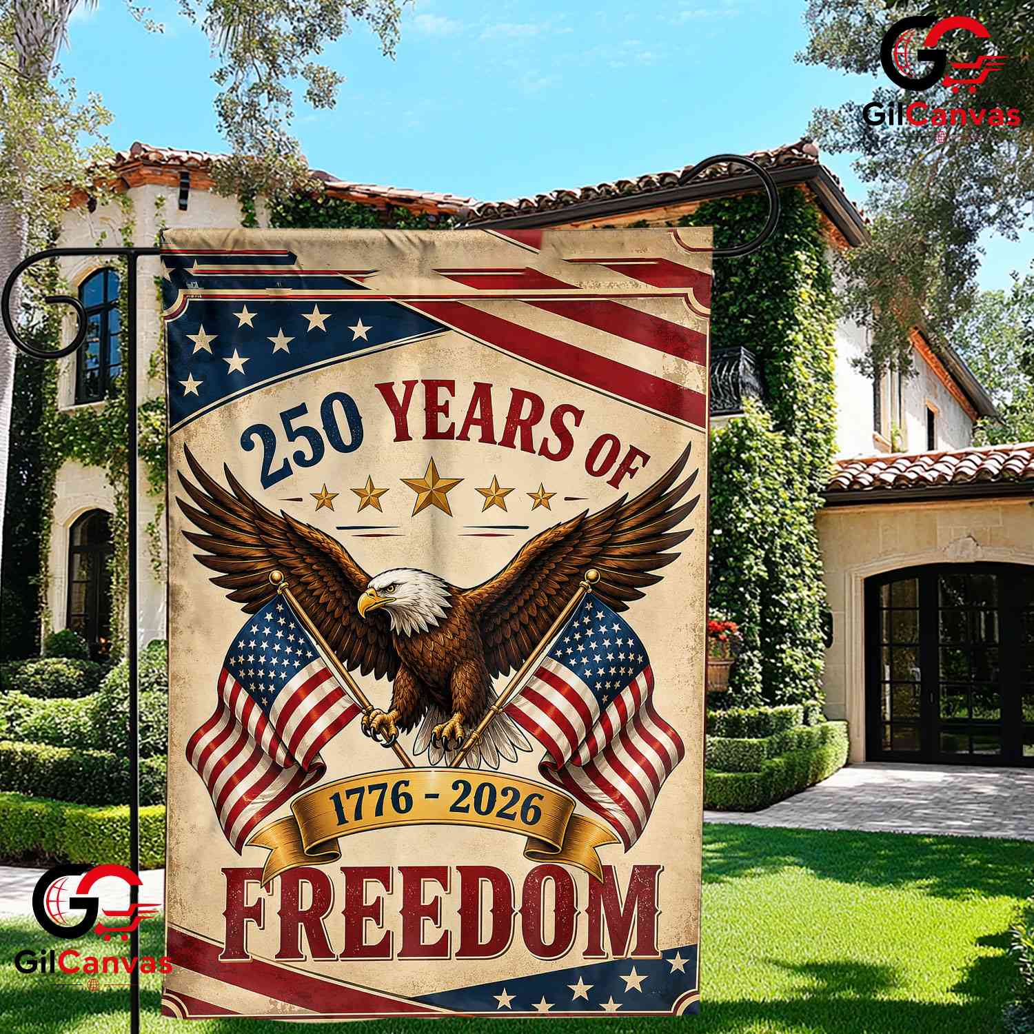 Vintage 250 Years Of Freedom House Garden Flag Patriotic Eagle 1776-2026 Banner
