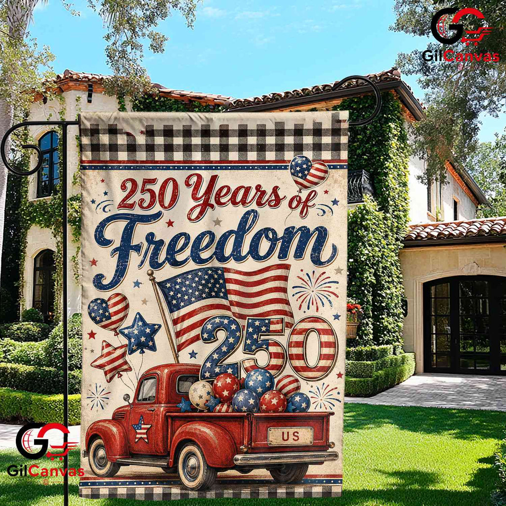 Vintage Red Truck 250th Garden Flag American Semiquincentennial Yard Banner