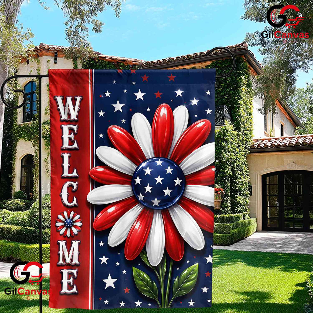 Welcome Patriotic Flower 250th Garden Flag Semiquincentennial Yard Decor Banner